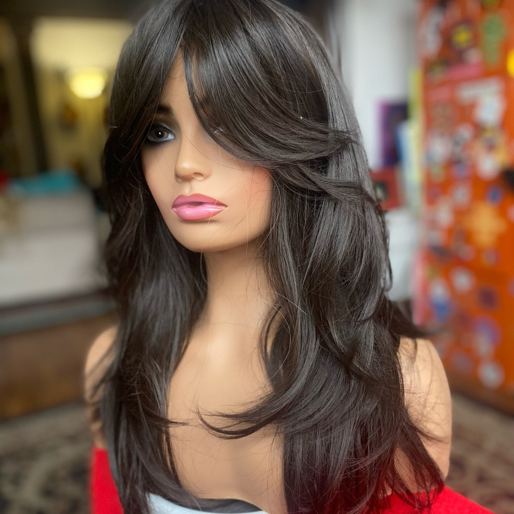 Darkest brown black natural look layered wig